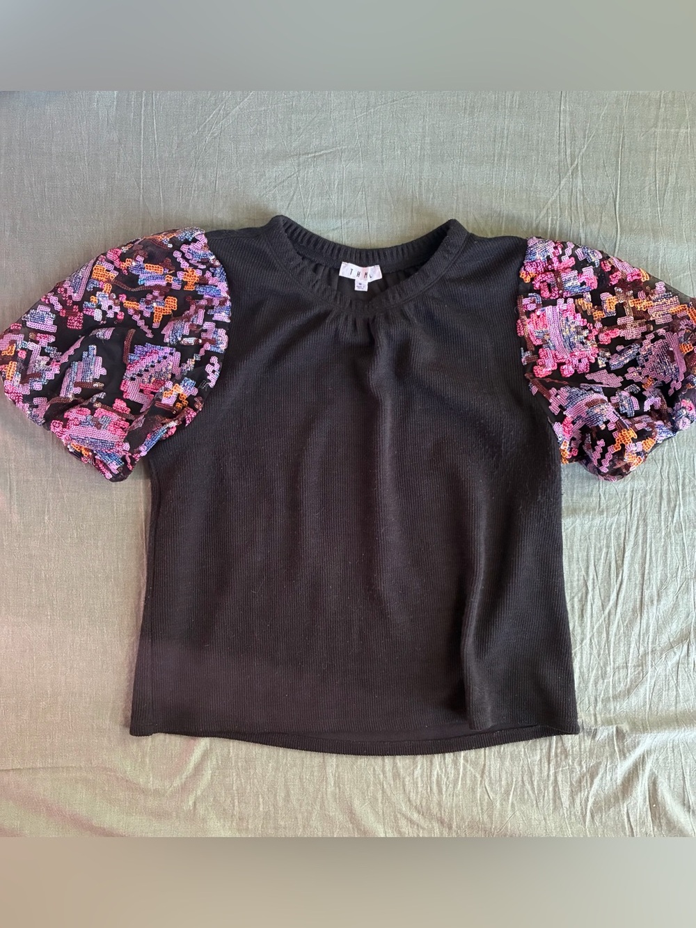 THML Black Knit Top with Pink & Purple Multicolored Sequins Puff Sleeves Size M